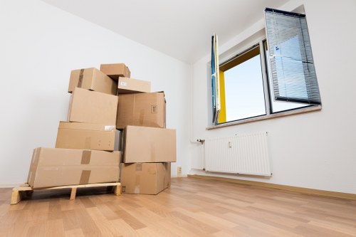 Packed moving boxes and protective materials for a house move