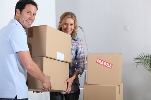 Packed business items and office boxes ready for transport