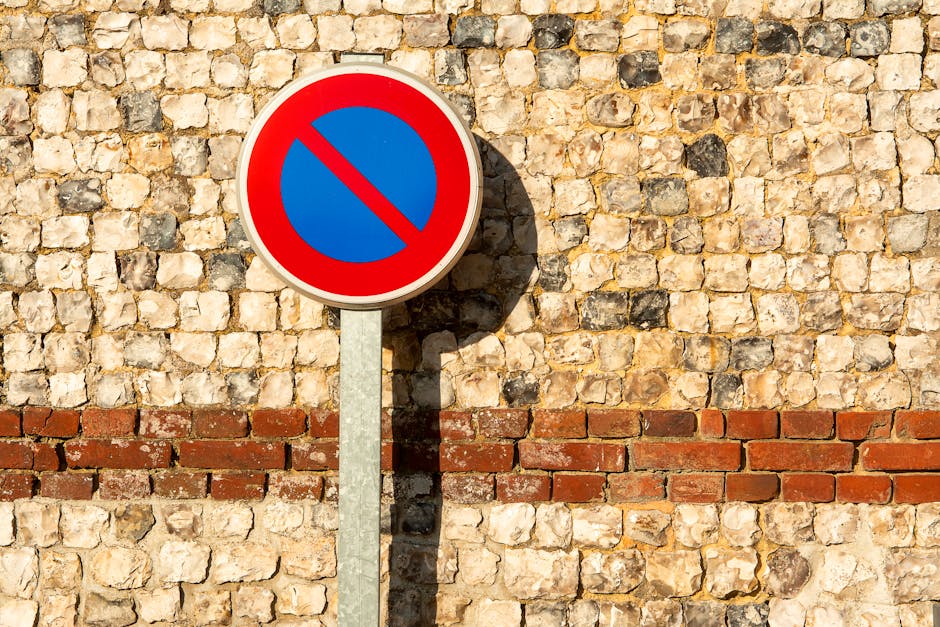A circular no parking road sign with a blue background and a red border, mounted on a metal post standing on a paved area in front of an old brick wall with cream, beige, and dark stones. The sign casts a shadow on the wall due to sunlight. The brick wall has a horizontal red brick line near the bottom, with weathered bricks and mortar visible. The scene is outdoors, likely in a residential or urban setting, and is relevant to house removals and parking regulations for moving services, with the sign indicating restrictions on parking or loading in the area. Man with Van New Malden operates in this location, providing professional moving and furniture transport services, which may involve loading and unloading within such parking restrictions during home relocation or house clearance processes.