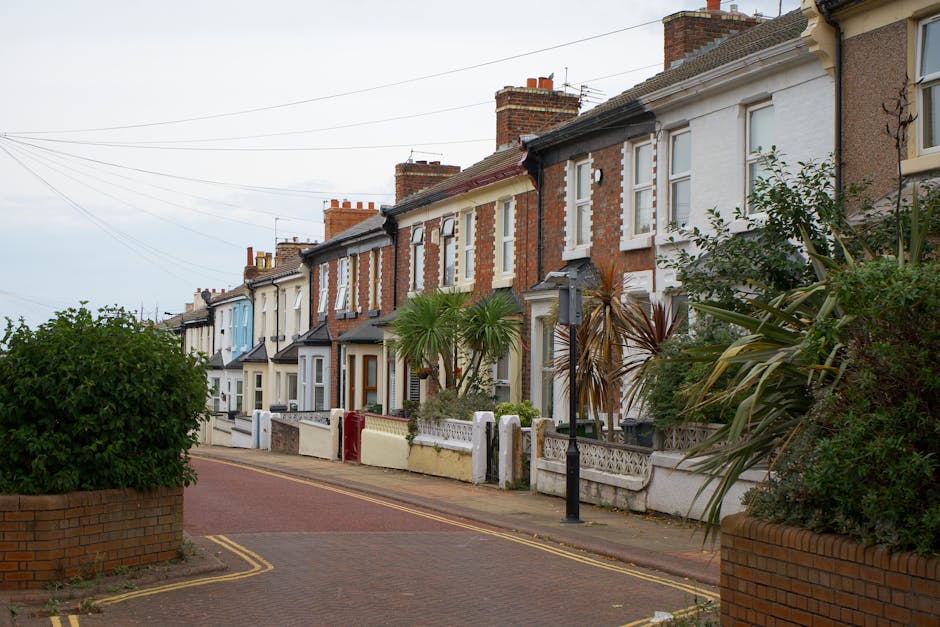 Photograph of a row of traditional red brick terraced houses on a narrow street, showcasing white-framed sash windows and doorways, with some houses having small window awnings and potted plants near 