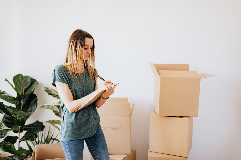A young woman with long blonde hair, dressed in a grey t-shirt and blue jeans, stands indoors next to a stack of three closed cardboard boxes and one open box, all of which are plain brown with some l
